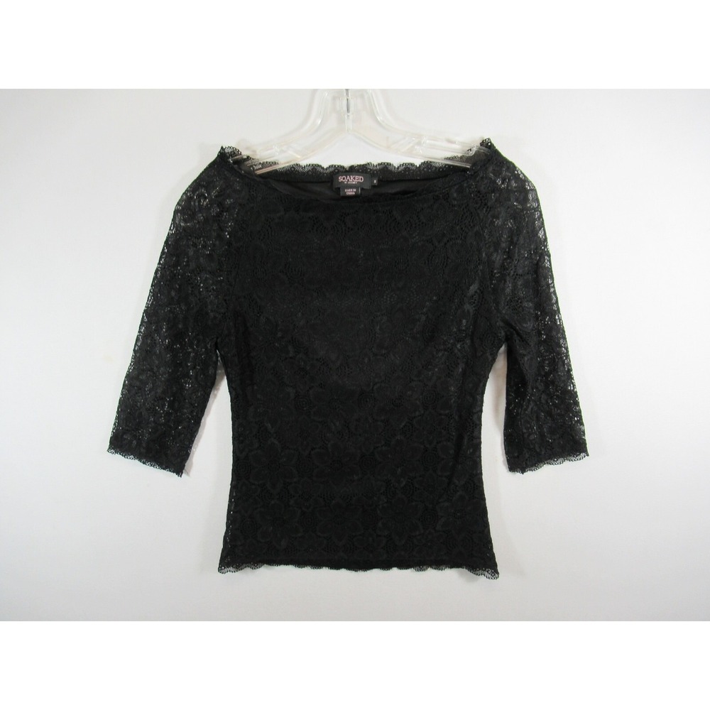 Soaked in Luxury Anine Lace Top Women Small Black Boatneck 3/4 Sleeve Lined